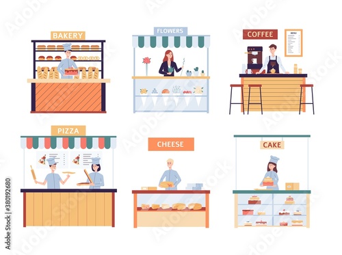 Small business set with shops and owners flat vector illustration isolated.