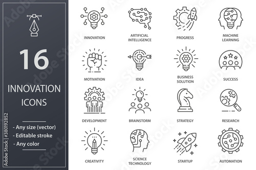 Innovation line icons set. Black vector illustration. Editable stroke.