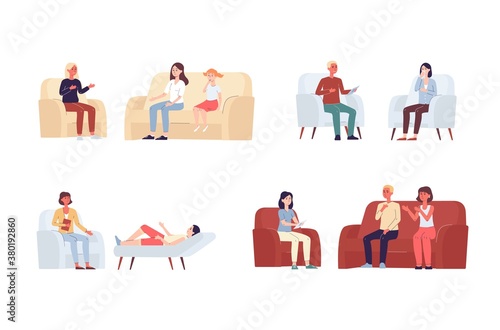 Psychologist consultation set - cartoon characters at therapist office