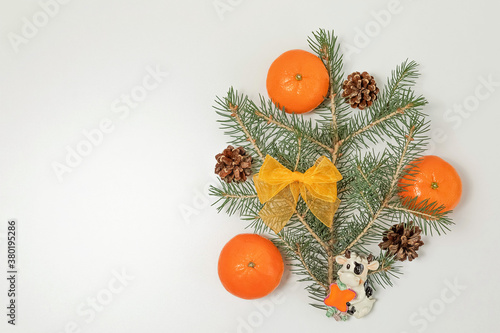 Creative  Christmas and new year  festive composition. the symbol of 2021 is a bull  a fir branch  tangerines and cones on a white background. copy space.