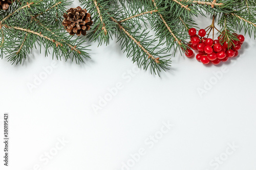 Christmas and new year holiday composition. Fir branches, cones and red viburnum berries on a white background. copy space.