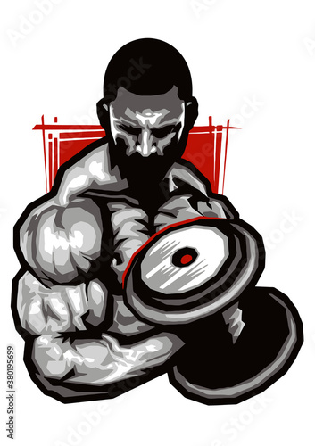strongest muscular bodybuilder with dumbbells, logo, mascot, cartoon, vector