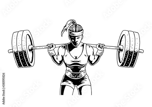 fitness girl with heavy barbell, vector, logo, mascot, cartoon, monochrome