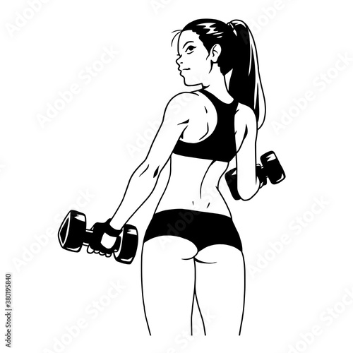 fitness girl with dumbbells view from the back, vector, mascot, character, logo, illustration, cartoon, monochrome