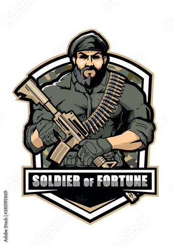 war soldier of fortune with  machine gun and ammunition, vector, logo,  cartoon, mascot 