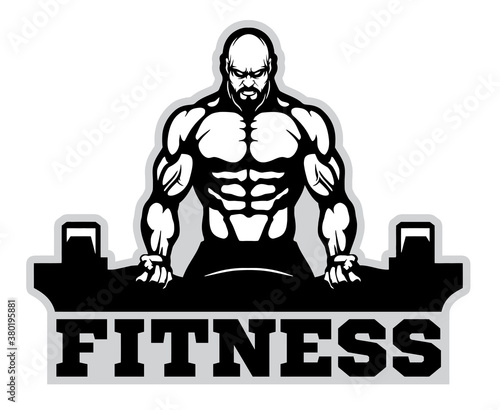 muscular bearded bodybuilder holds heavy barbell, logo, mascot, vector, cartoon, monochrome