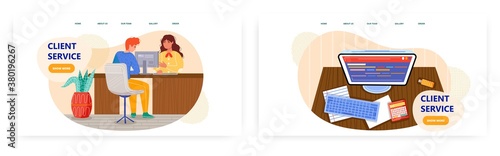 Bank teller and customer service receptionist. Woman behind desk talk to client. Office computer on a desk. Concept illustration. Vector web site design template