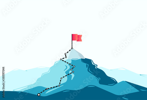 Flag on the mountain peak. Flat style vector illustration