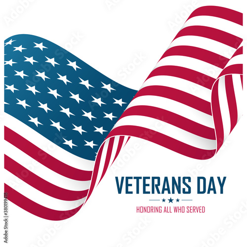USA Veterans Day celebrate card with United States waving national flag. Honoring all who served. Vector illustration.