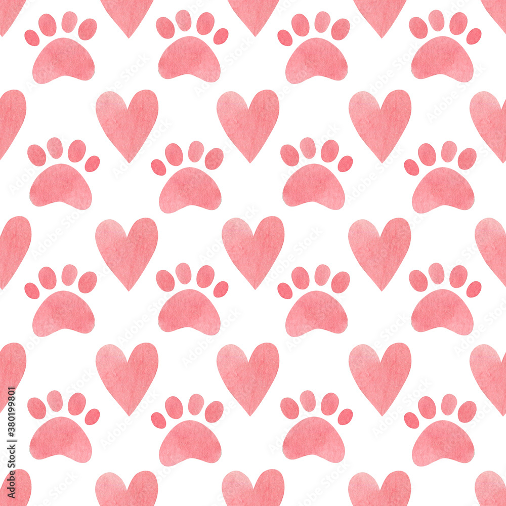 Watercolor seamless pattern of pink hearts and cat paw print.