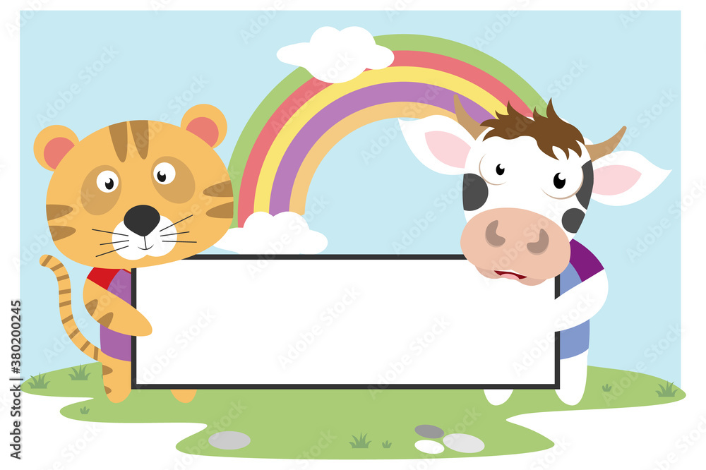 Fototapeta premium cute animal cartoon hold a white board, simple vector illustration design