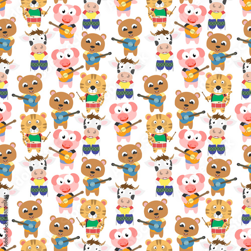 seamless pattern design with cute animal cartoon ornament, copy space