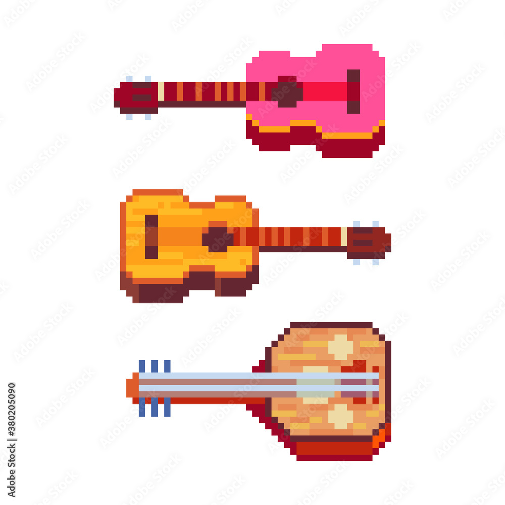Guitar musical instrument pixel art icons set. Isolated vector ...