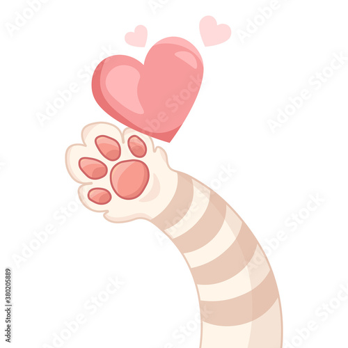 Cat's foot with a pink heart. Print, postcard, congratulations. Cartoon style