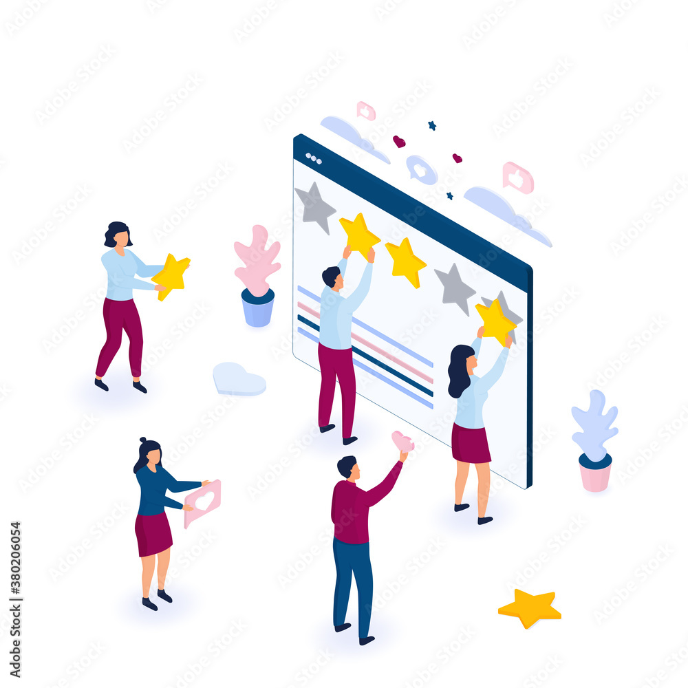 Customer feedback. Online review. Rating flat vector concept. Isometric tiny people cling stars to the huge web page. Customer feedback. Online review. Rating flat vector concept. Isometric tiny people cling stars to the huge web page.