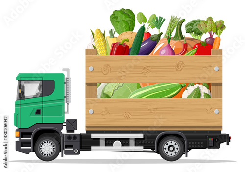 Truck car full of vegetables products. Shop and farm delivering service, fresh veggies. Delivery and selling natural vegan farm food concept. Cargo and logistic. Cartoon flat vector illustration