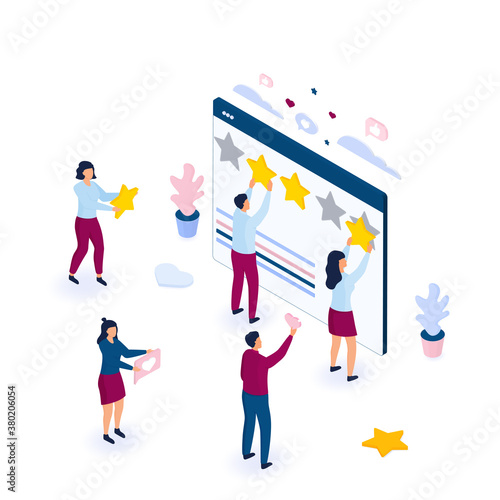 Customer feedback. Online review. Rating flat vector concept. Isometric tiny people cling stars to the huge web page.