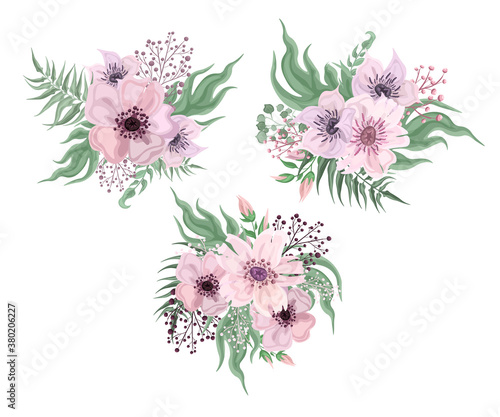 Collection of decorative floral elements on white background, vector clipart. Wedding bouquet, boutonniere