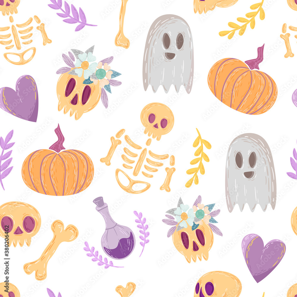 Skeleton, ghost, pumpkin and bones with flowers on a white background. Seamless pattern, Halloween Illustration