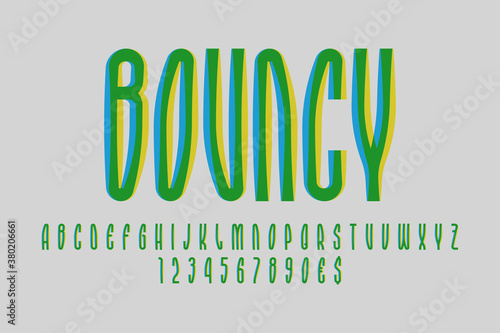 Bouncy artistic display font. Flexible yellow green blue letters, numbers and currency signs. Isolated vector english alphabet.
