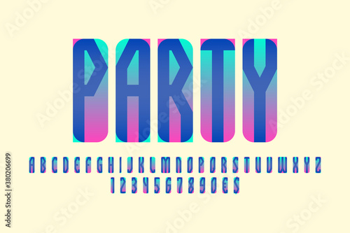 Party artistic display font. Parted pink green blue letters, numbers and currency signs. Isolated vector english alphabet.