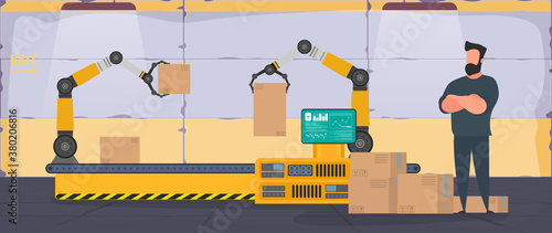 Conveyor line with boxes. Conveyor system in flat design. A man stands with cardboard boxes. Vector.