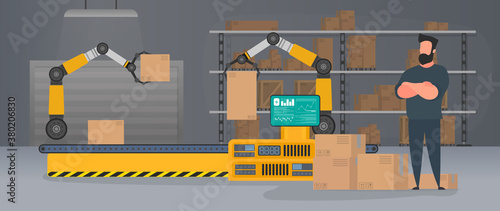 Conveyor line with boxes. Conveyor system in flat design. A man stands with cardboard boxes. Vector.