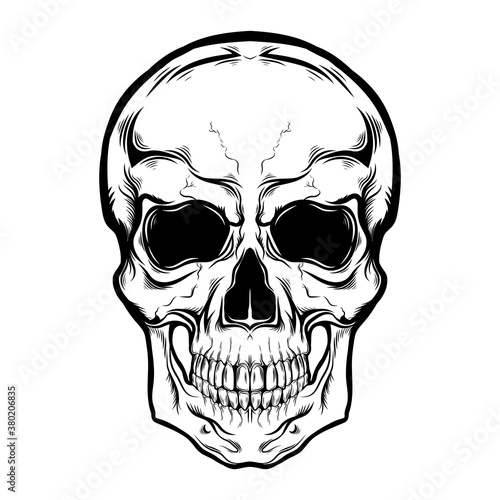 Black human skull on a white background. Hand drawing, tattoo sketch, print