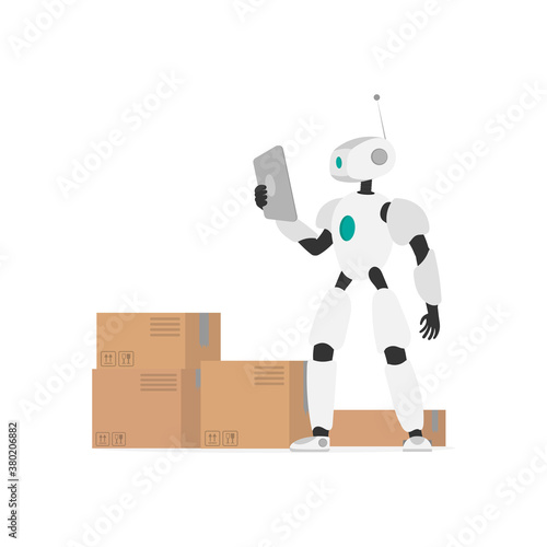 A robot with a tablet checks the goods. Robot with cardboard boxes. The concept of deliver and industry of the future. Isolated. Vector.