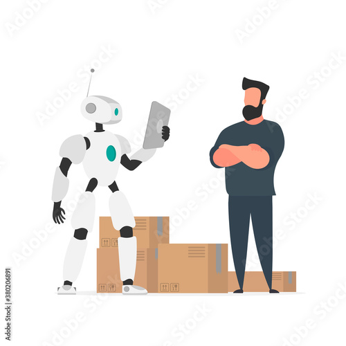 A robot with a tablet checks the goods. Robot with cardboard boxes. The concept of deliver and industry of the future. Isolated. Vector.