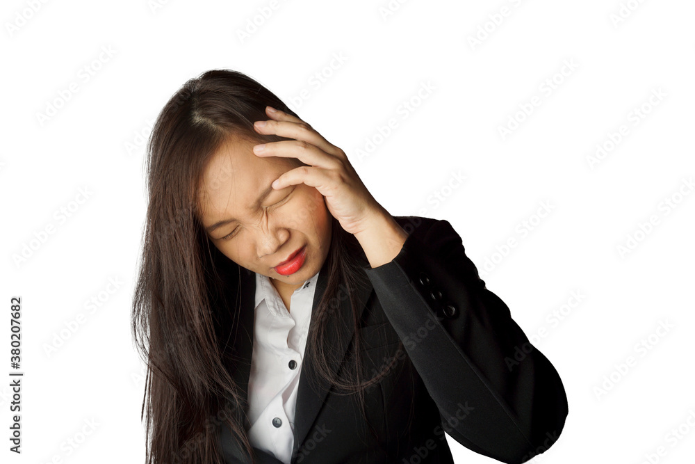 Portrait of Asian woman having headache isolated on white background with clipping path. Portrait of Asian woman having headache isolated on white background with clipping path.