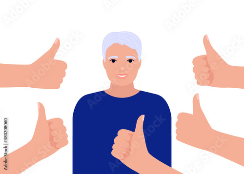 Happy senior man collects like. Elderly male surrounds hands showing thumbs up. Social approval, positive feedback, congratulate, respect, acceptance success concept. Vector illustration