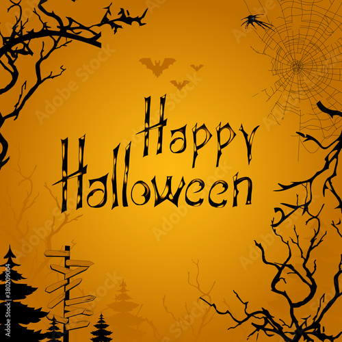 Halloween banner with black forest on orange background. Scary vector illustration for invitations and wishes.