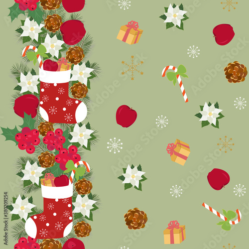 Seamless vector Christmas illustration with gifts, apples, fir branches, New Year's sock.