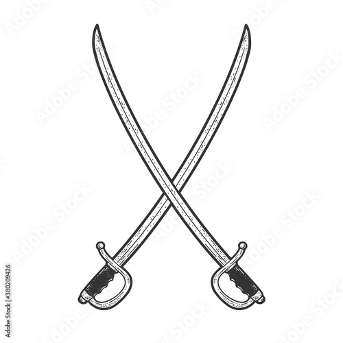 Crossed sabers swords sketch engraving vector illustration. T-shirt apparel print design. Scratch board imitation. Black and white hand drawn image.