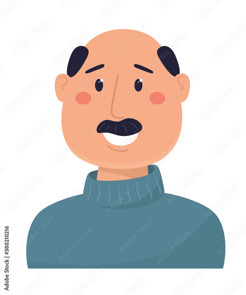 Happy smiling half-haired man. Vector illustration in flat style.