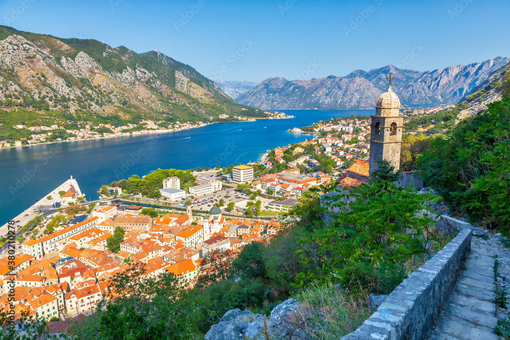 Aerial view of the old historic town of Kotor and the Bay of Kotor, Montenegro.