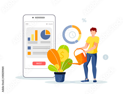 Phone with diagrams and man watering the money plant. Profit, making money, finance app, business, investment concept. Isolated vector illustration for banner, poster, website.