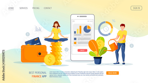 Phone with diagrams, woman on the stack of coins and man watering the money plant. Profit, making money, finance app, business, investment concept. Vector illustration for banner, poster, website.