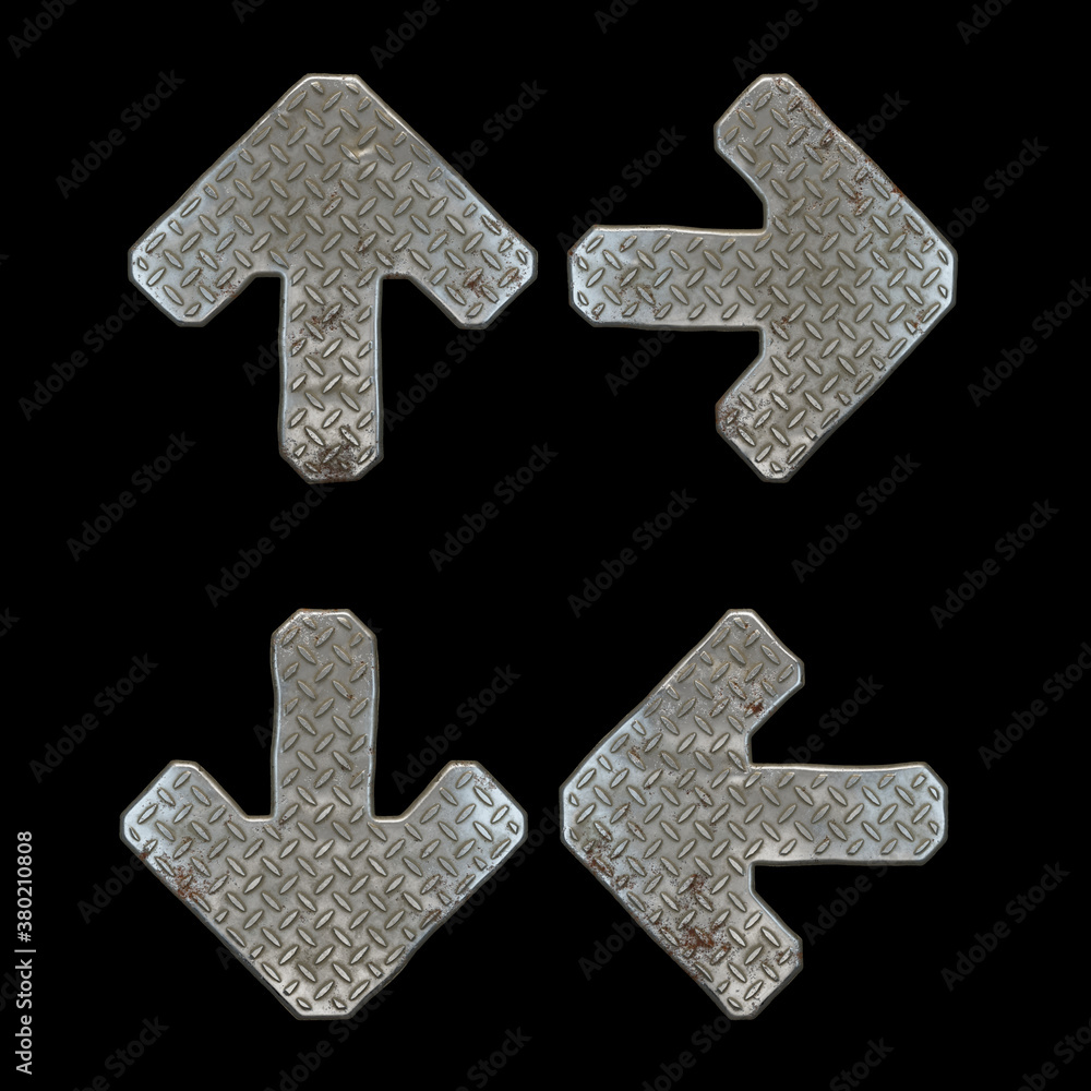 Obraz premium Set of symbols up arrow, right and left arrow, to down arrow made of industrial metal on black background 3d