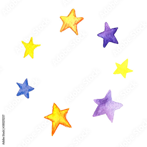illustration of a watercolor round frame made of stars of blue, purple and yellow colors. on a white background drawn by hand. place for your text. for design, decoration, cards, invitations.