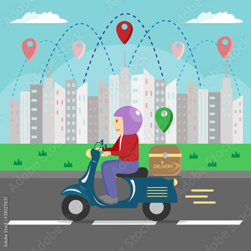 A delivery man riding a motorcycle to deliver parcels to customers. Using traking or gps to find them. delivery man concept vector.