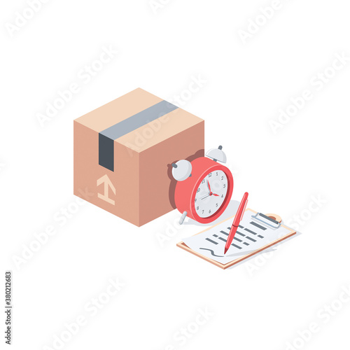 Delivery, package, contract, time clock. Vector 3d isometric, color web icons set, new flat style. Creative illustration, idea for infographics.