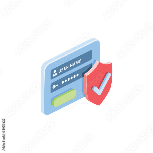 Login authorization password shield security. Vector 3d isometric, color web icons set, new flat style. Creative illustration, idea for infographics.