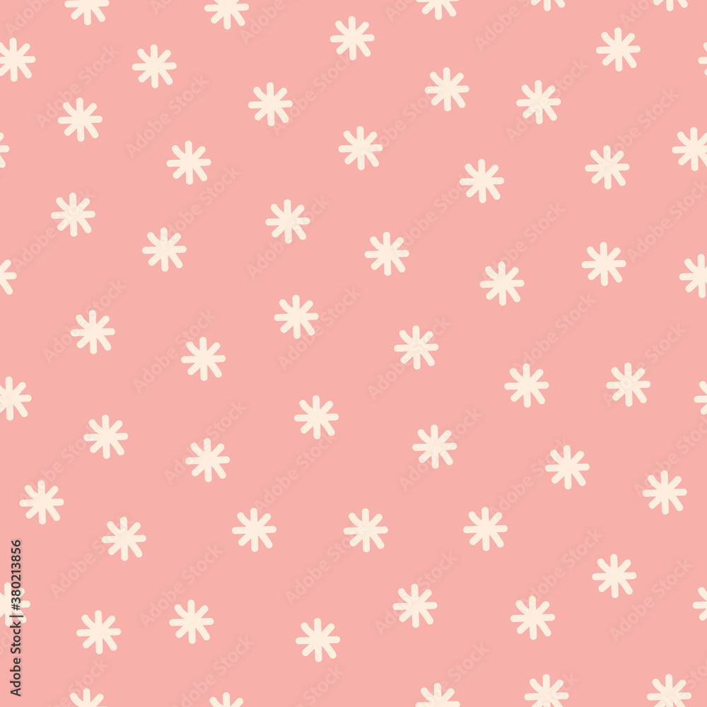 White snowflakes on pink background repeating pattern for printing. Christmas and New Year theme vector design. White snowflakes on pink background repeating pattern for printing. Christmas and New Year theme vector design.
