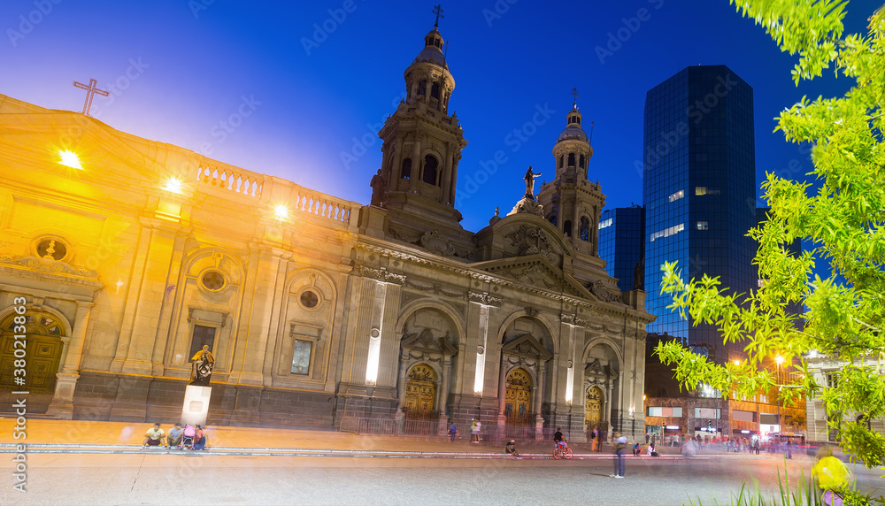 Plaza de Armas view in evening with city lights in Santiago