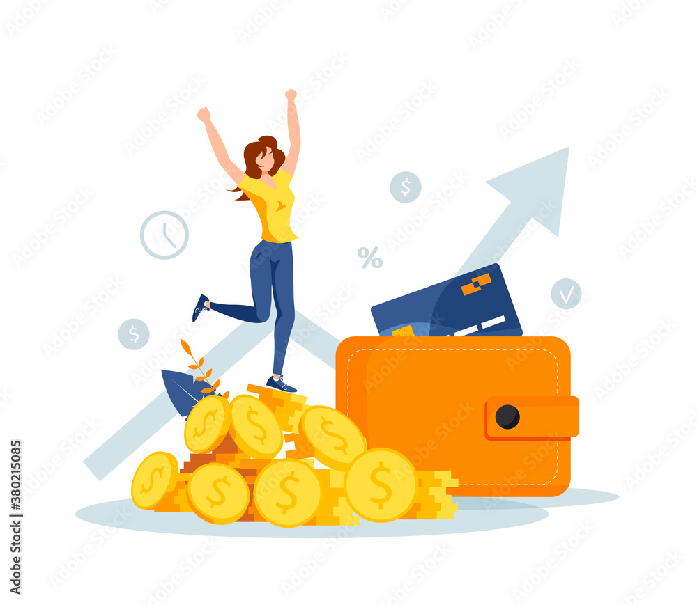 Wallet and pile of coins with rejoicing woman. Profit, income, budget, prosperity, financial success, savings concept. Isolated vector illustration for banner, poster, advertising. Wallet and pile of coins with rejoicing woman. Profit, income, budget, prosperity, financial success, savings concept. Isolated vector illustration for banner, poster, advertising.
