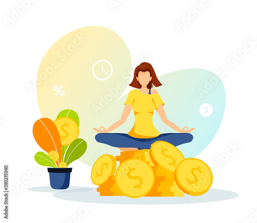 Pile of coins with meditating woman and money plant. Profit, income, budget, prosperity, financial success, savings concept. Isolated vector illustration for banner, poster, advertising.