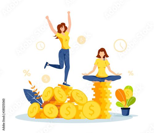 Pile of coins, women and money plant. Profit, income, budget, prosperity, financial success, savings concept. Isolated vector illustration for banner, poster, advertising.