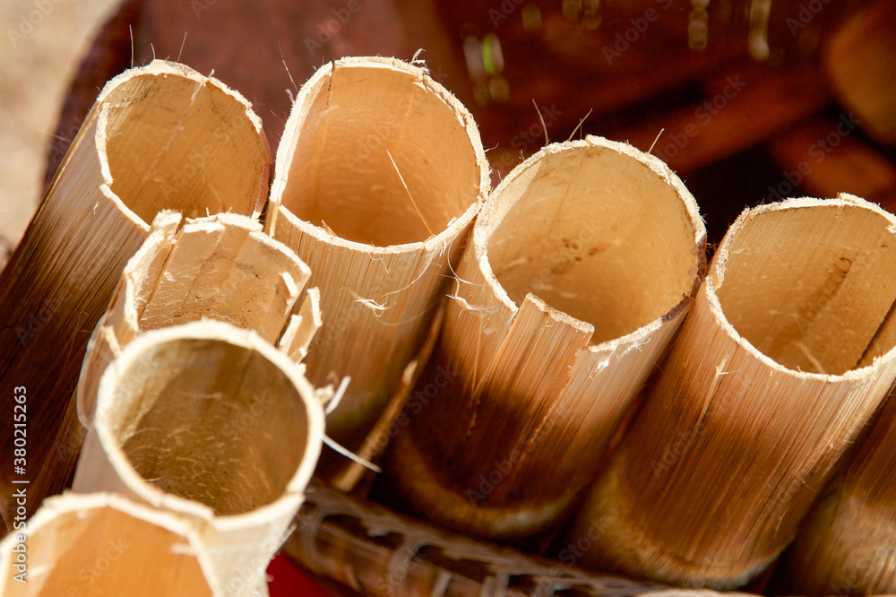 Coconut rice for sale in bamboo tubes, Cambodia